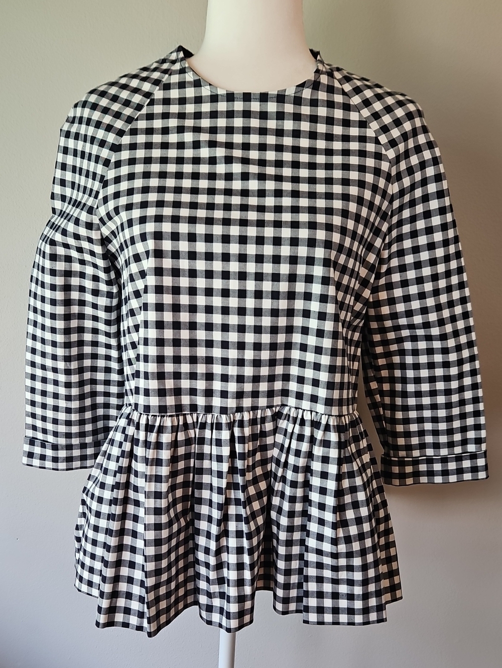 Victoria Beckham Dark Navy Blue and White Gingham Peplum Top